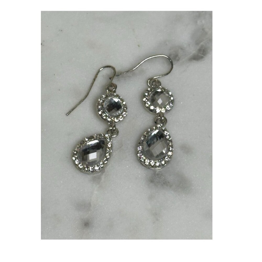 Elegant Crystal Double Drop Silver-Toned Dangle Earrings Dainty Everyday Style